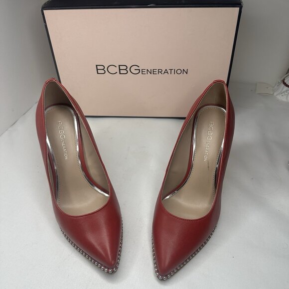 BCBG Generation Leather Stilletto Red Studded Shoes Almond toe heels Pumps - Picture 1 of 13